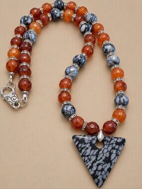 Artisan Created Snowflake Obsidian Triangle Pendant Necklace Jasper Beads